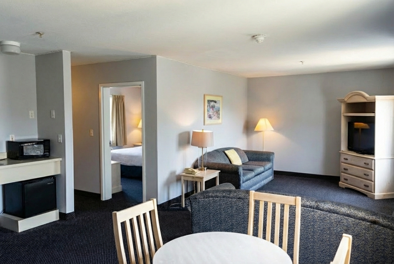 Spacious family suite with king bed and jacuzzi at Lake Erie resort